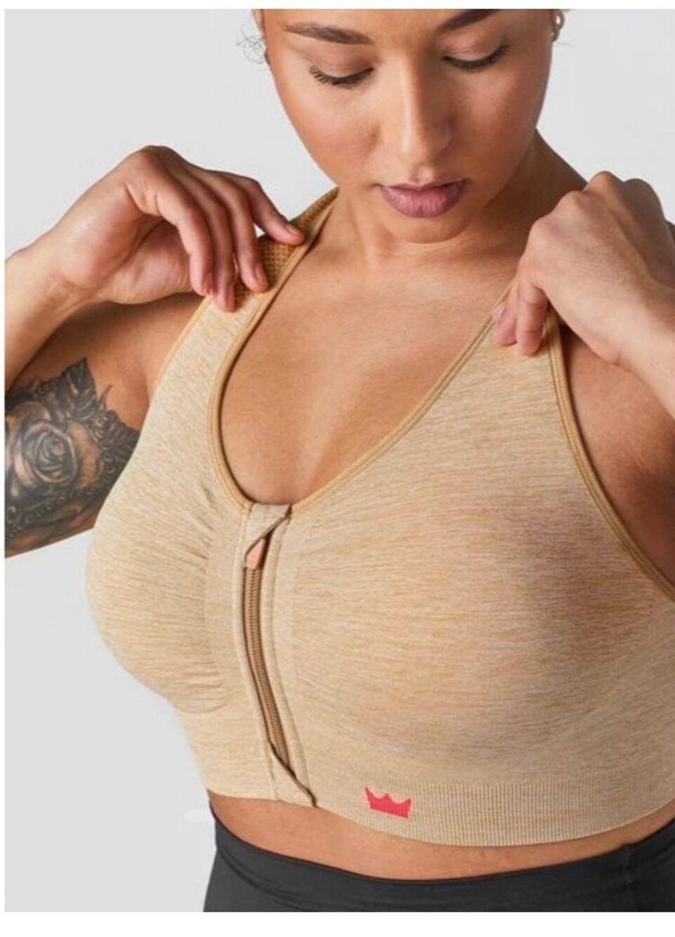 SheFit Perfect Lounge Bra Heather Beige Comfort Front Zip Removable Pads 3 Luxe